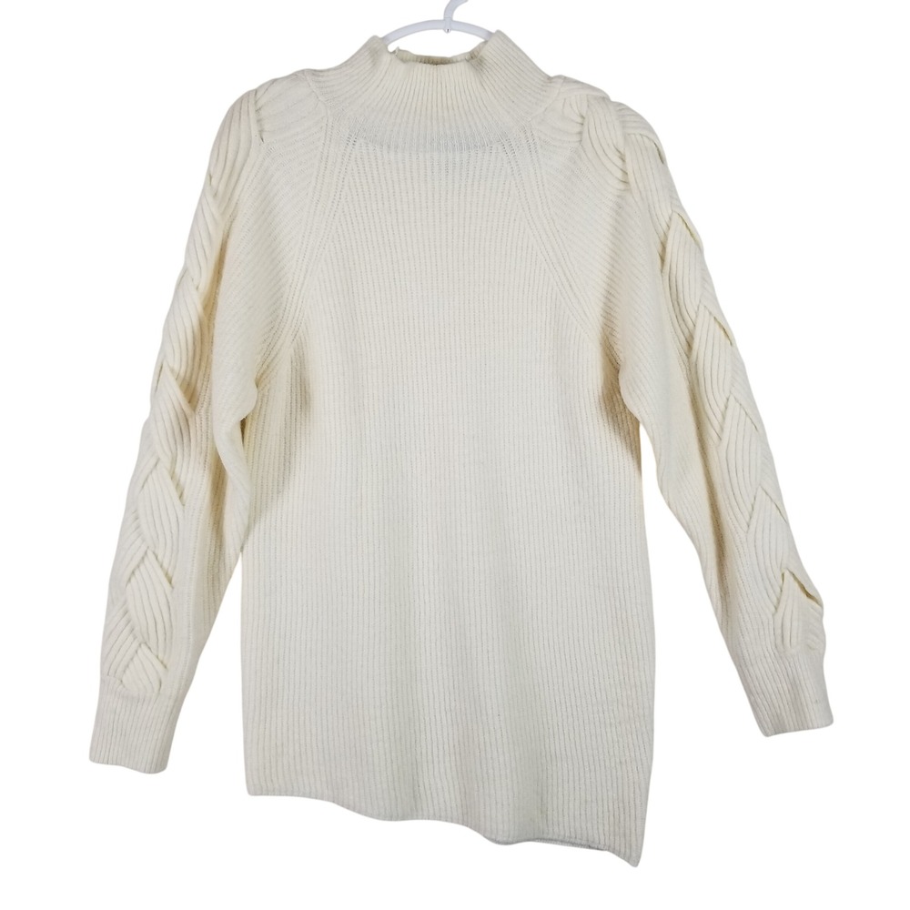 Express Women Mock Neck Cable Knit Braid Sleeve Ribbed Sweater Cream Ivory Small